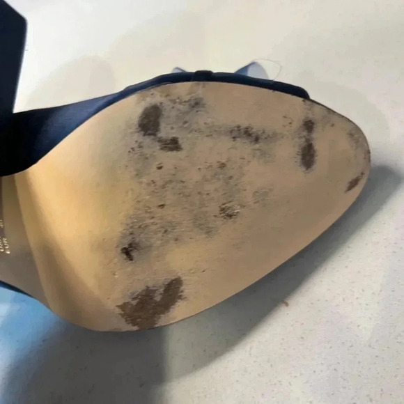 Worn Navy Satin Open Toe Heels Size 10 - Picture 10 of 16